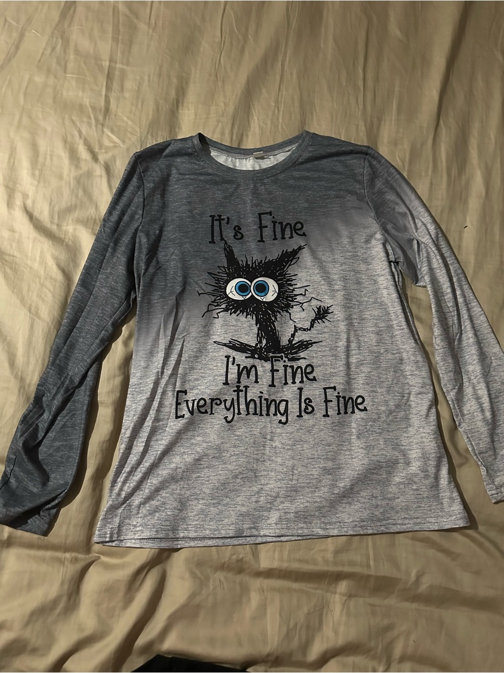 SHEIN Gray Ombre Long Sleeve Tee with Cartoon Graphic